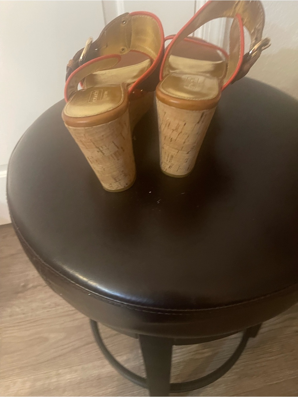 Coach Navy and Tan Wedge Sandals with Red Trim - Picture 3 of 4